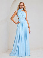 Sky Blue Chiffon A Line Halter Neck Floor-Length Sleeveless Bridesmaid Dress