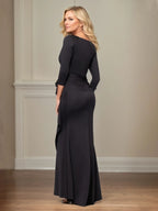 Trumpet/Mermaid V Neck 3/4 Sleeve Floor Length Stretch Crepe Mother of the Bride Dress With Ruffles