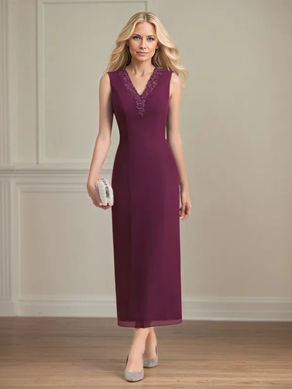 Etui/Column Chiffon V-Ausschnitt 3/4 Ärmel Tea-Length Kleid für die Mutter der Braut