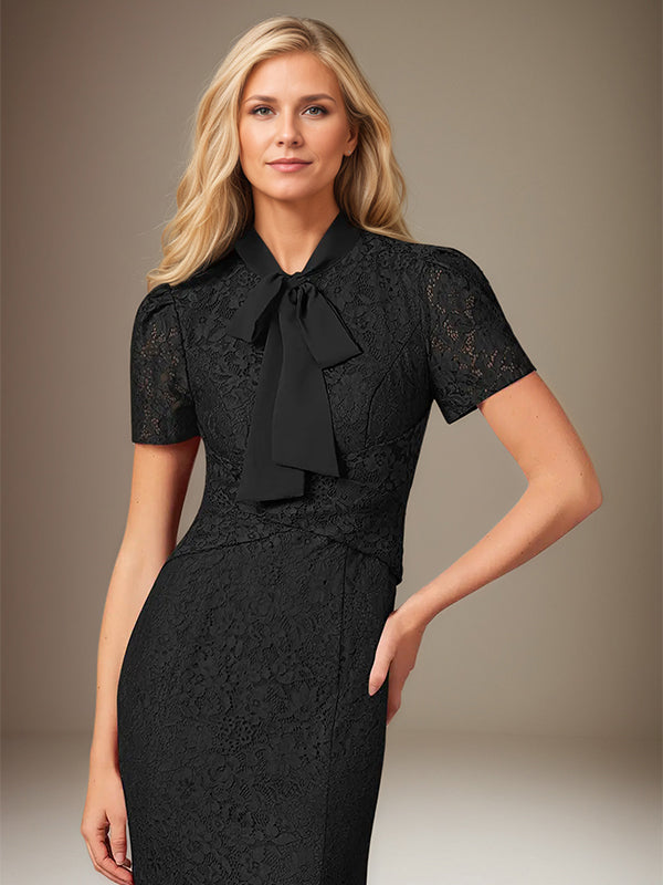 Black Chiffon Bow Tie Neckline Short Sleeves Floor Length Dress With Appliques