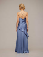 Schieferblaues Etuikleid/Säulenkleid aus Satin, asymmetrisch, ärmellos, bodenlang mit Rüschen