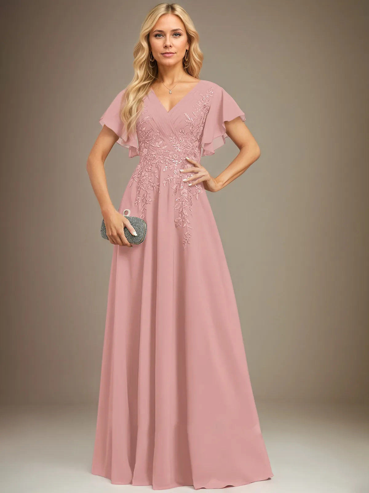 A Line V Neck Floor Length Lace Chiffon Evening Dress With Pleated Sequins