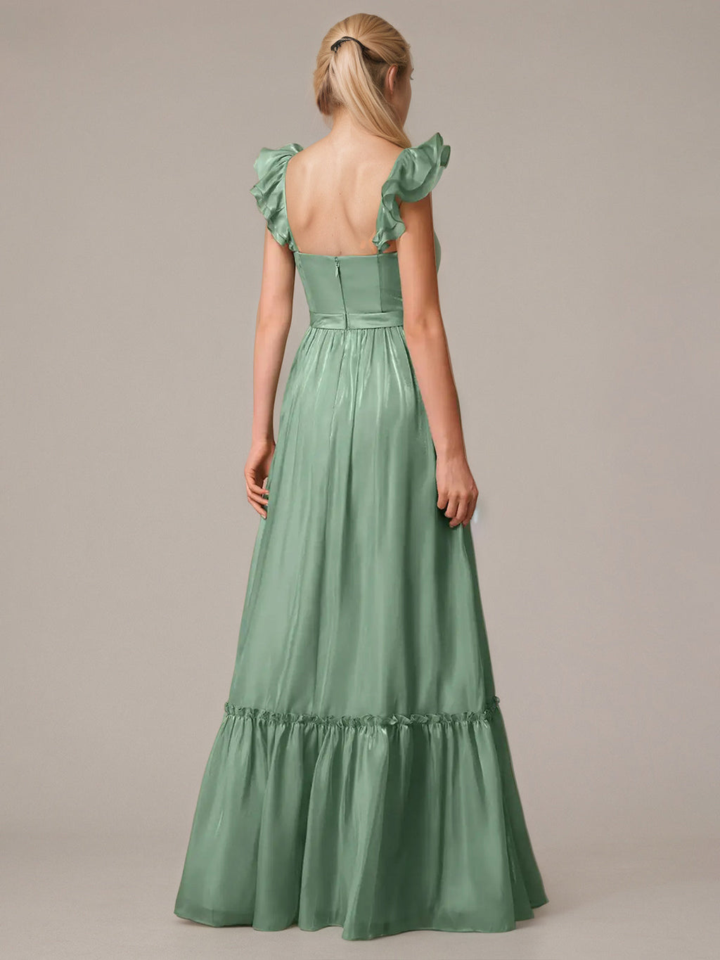 Green A Line V Neck Sleeveless Floor Length Dresses With Ruffles