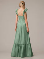 Green A Line V Neck Sleeveless Floor Length Dresses With Ruffles