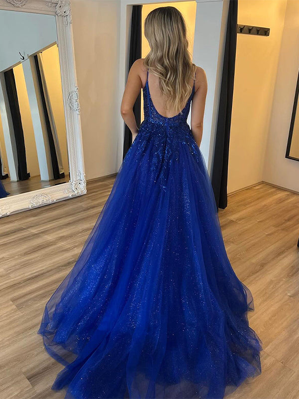 Königsblaues A-Linien-Abendkleid mit Spaghettiträgern und Applikationen, mit Schlitz