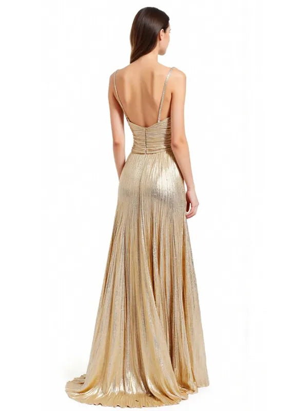 Formal Evening Gold Dress Pleated Sleeveless Metallic V-Neck Slit Floor-Length Dress