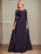 Abito lungo fino al pavimento da madre della sposa in chiffon e pizzo, modello a colonna con scollo a U e maniche a 1/2, decorato con paillettes
