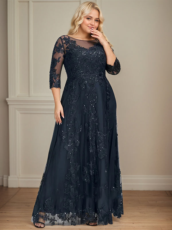 Vestido de madre de la novia de tul y encaje con ilusión en escote redondo, falda larga en línea A y lentejuelas