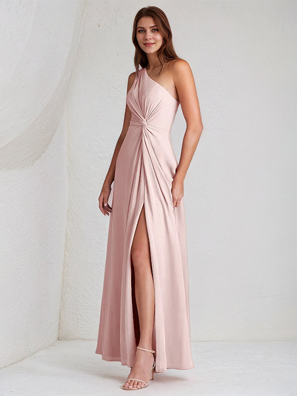 A Line Pink Chiffon One Shoulder Sleeveless Ankle Length Dress With High Slit