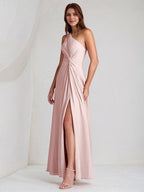 A Line Pink Chiffon One Shoulder Sleeveless Ankle Length Dress With High Slit