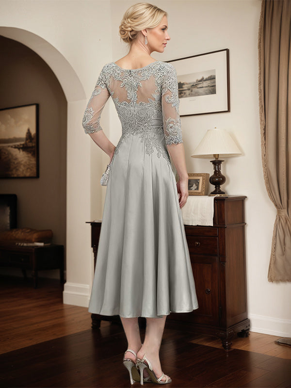 Silbernes A-Linien Illusions-Ausschnitt Teelanges Spitzen-Satin Kleid für die Brautmutter mit Perlen und Pailletten