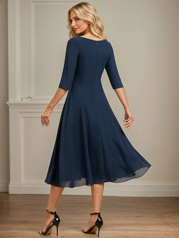 A-Linien V-Ausschnitt Tea-Length Chiffon Kleid der Brautmutter mit Falten