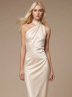 Party-Kleid, elegantes champagnerfarbenes schulterfreies Maxikleid