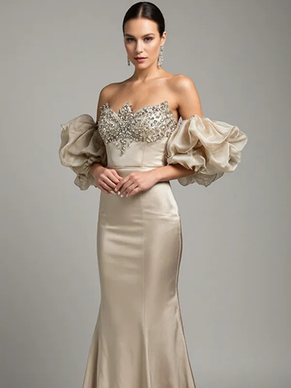 Evening dress Champagne color puff sleeve tube top mermaid floor length dress