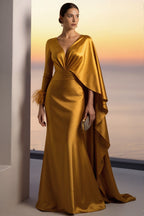 Evening Formal Gold Satin Dress V Neck Long Sleeve Cape Maxi Gown