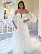 Sweetheart Puff Tulle Sleeve Lace A-Line Tulle Wedding Dress With Chapel Train
