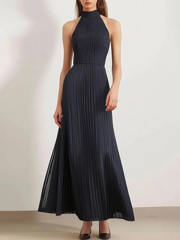 Vestido plisado para diario y fiesta, halter negro sin mangas, largo maxi