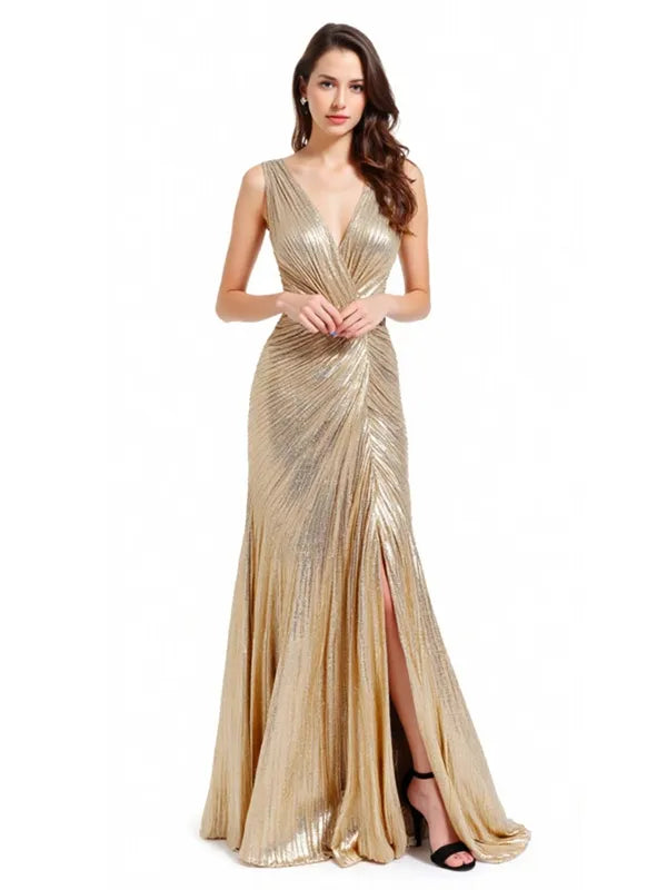 Formal Evening Gold Dress Pleated Sleeveless Metallic V-Neck Slit Floor-Length Dress