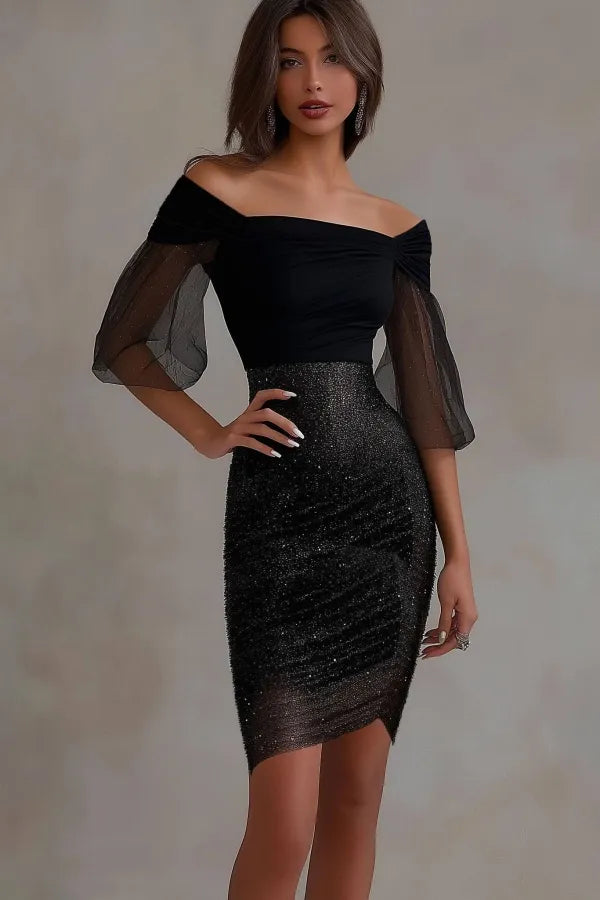 Cocktailkleid schulterfrei gerafftes Pailletten-Mesh figurbetontes Minikleid