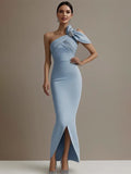 Halbformelles Partykleid Hellblau Ein-Schulter Strass Schlitz Maxikleid