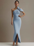 Halbformelles Partykleid Hellblau Ein-Schulter Strass Schlitz Maxikleid