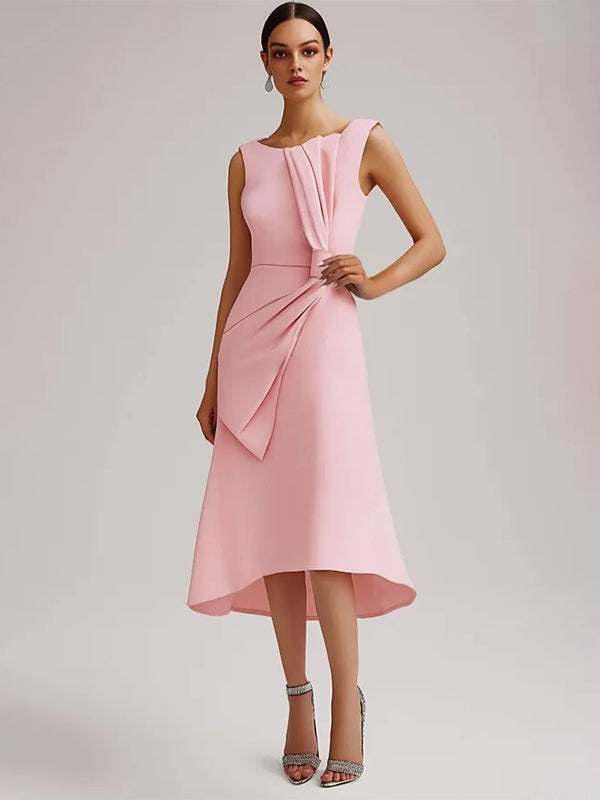 Abito rosa da invitata a matrimonio con scollo rotondo, senza maniche e fiocco, lunghezza midi