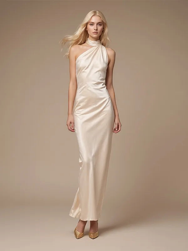 Party-Kleid, elegantes champagnerfarbenes schulterfreies Maxikleid
