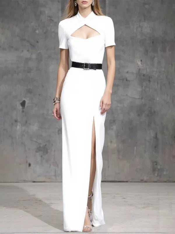 Cocktailparty-Kleid Weiß mit kleinem Stehkragen und Schlitz, bodenlang