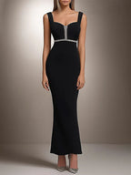 Halbformelles Party-Kleid, schwarzes, silberverziertes, figurbetontes Midikleid