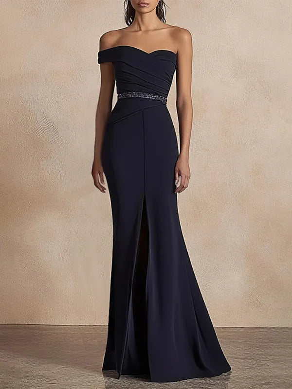 Formal Evening Dress Black One-Shoulder Slit Maxi Dress