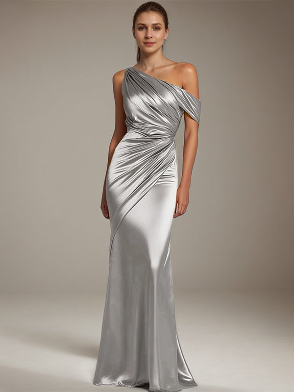 Vestido formal de fiesta de satén plateado, con un solo hombro plisado y largo hasta el suelo