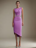 Halbformelles Partykleid mit Rundhalsausschnitt, lila, ärmellos, asymmetrisch