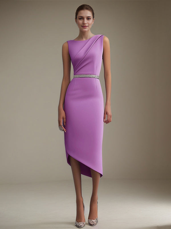 Halbformelles Partykleid mit Rundhalsausschnitt, lila, ärmellos, asymmetrisch