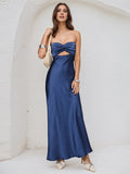 Royal Blue Satin Sweetheart Neckline Sleeveless Open Back Ankle Length Sheath Dress