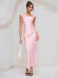 Pink Satin Asymmetrical Neckline Sleeveless Ankle Length Sheath Dress