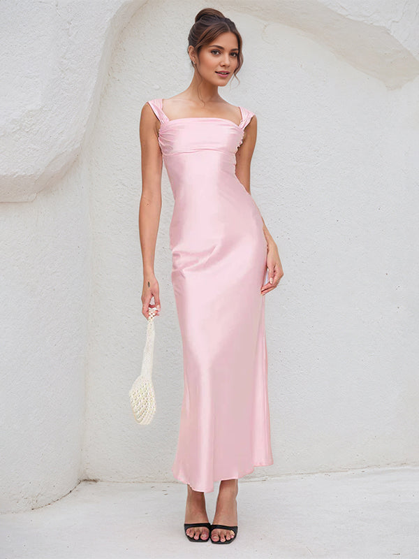 Pink Satin Asymmetrical Neckline Sleeveless Ankle Length Sheath Dress