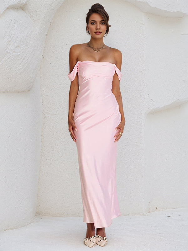 Pink Satin Asymmetrical Neckline Sleeveless Ankle Length Sheath Dress