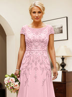 Abito da madre della sposa in chiffon rosa caramella, linea ad A, scollo a barchetta, con applicazioni