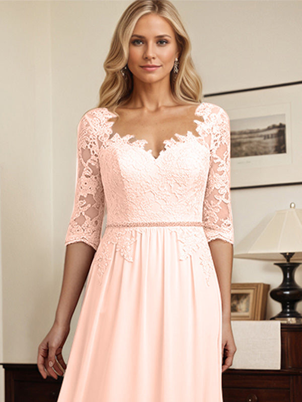 A-Linien V-Ausschnitt 1/2 Ärmel Chiffon Brautmutterkleid mit Applikationen und Spitze