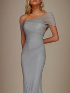 Evening Prom Light Blue Gown One Shoulder Glitter Pleated Maxi Dress
