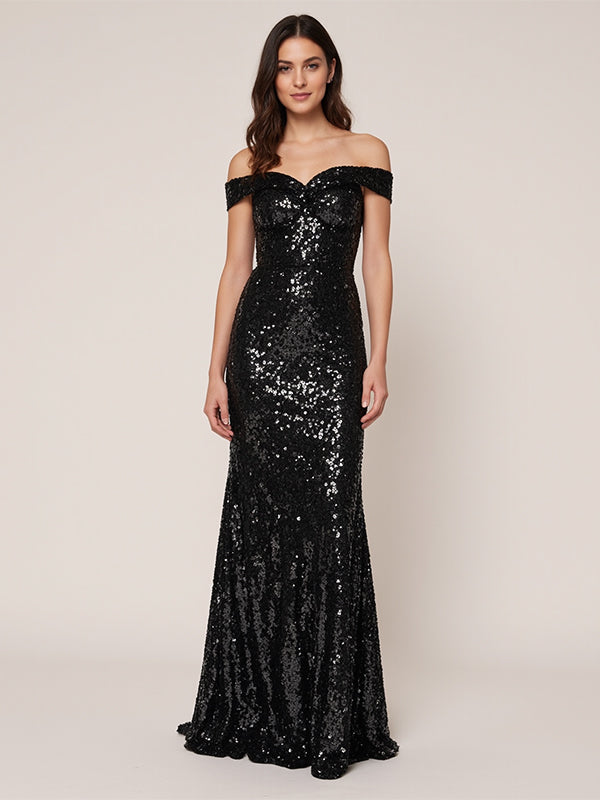Robes longues formelles noires à sequins, ligne A, épaules dénudées