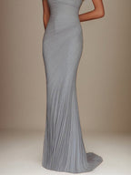 Evening Prom Light Blue Gown One Shoulder Glitter Pleated Maxi Dress