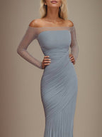 Evening Prom Gown Off Shoulder Glitter Pleated Light Blue Maxi Dress