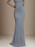 Evening Prom Gown Off Shoulder Glitter Pleated Light Blue Maxi Dress