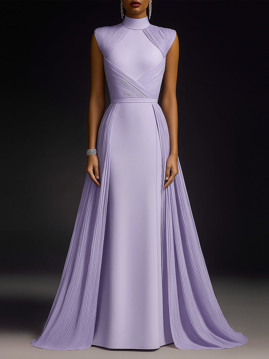 Formal Evening Dress Purple Stand Collar Pleated Train Ball Gown