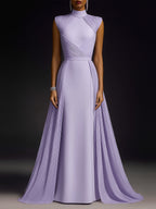 Formal Evening Dress Purple Stand Collar Pleated Train Ball Gown