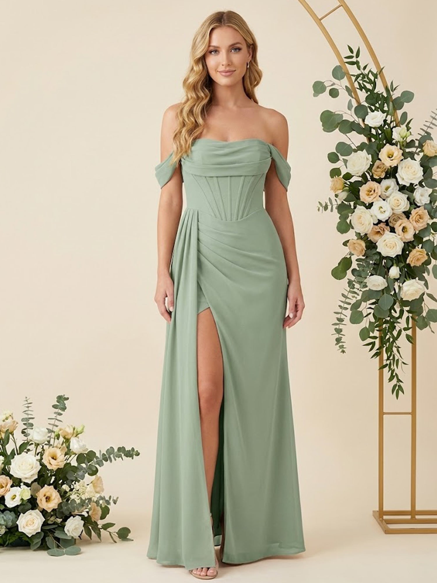 Off the Shoulder A Line Chiffon Pleat Long Bridesmaid Dresses with Slit