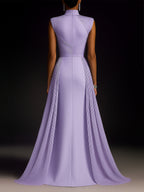 Formal Evening Dress Purple Stand Collar Pleated Train Ball Gown