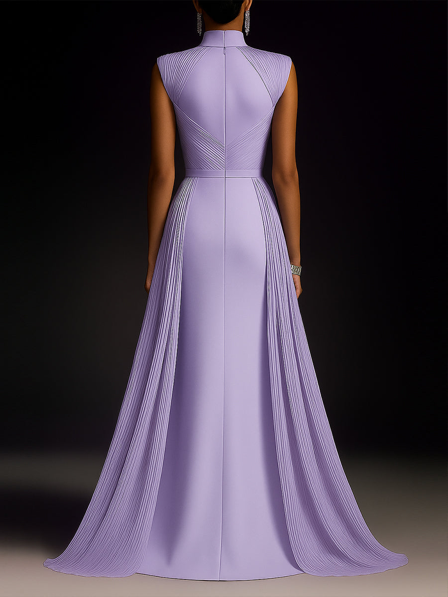 Formal Evening Dress Purple Stand Collar Pleated Train Ball Gown