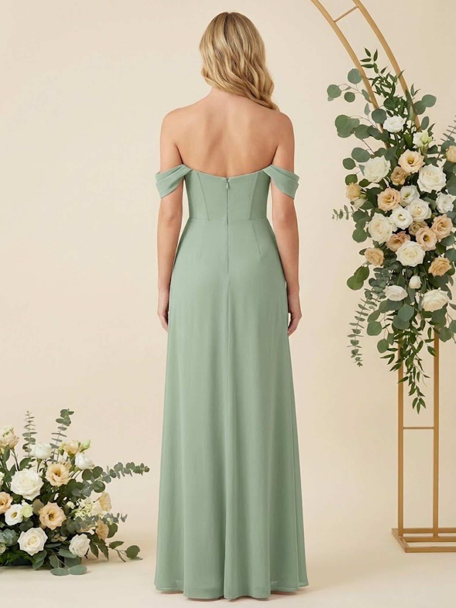 Off the Shoulder A Line Chiffon Pleat Long Bridesmaid Dresses with Sli – DUNALI